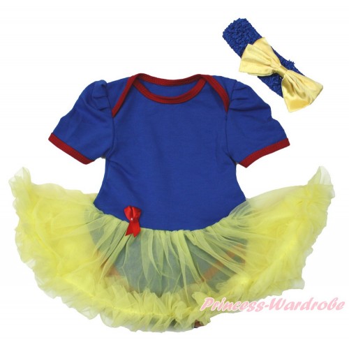 Snow White Royal Blue Red Ruffles Baby Bodysuit Jumpsuit Yellow Pettiskirt With Royal Blue Headband Yellow Satin Bow JS3397
