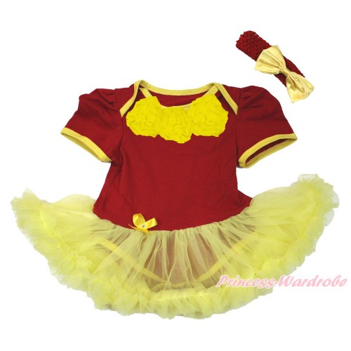 World Cup Spain Red Baby Jumpsuit Yellow Pettiskirt With Yellow Rosettes With Red Headband Yellow Satin Bow JS3402