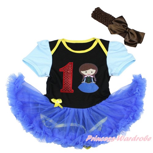 Light Blue Sleeve Black Baby Bodysuit Jumpsuit Royal Blue Pettiskirt With 1st Sparkle Red Birthday Number & Princess Anna Print With Brown Headband Brown Silk Bow JS3404