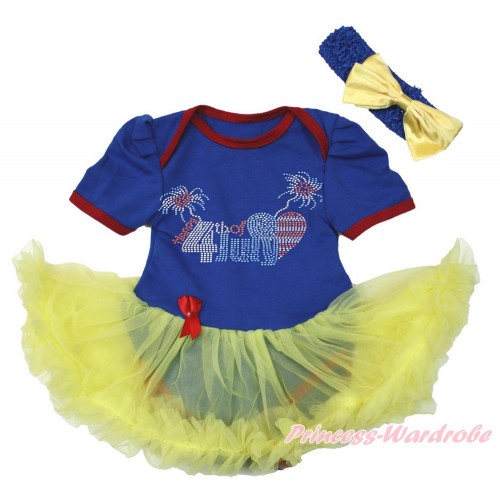 4th July Royal Blue Red Ruffles Baby Bodysuit Jumpsuit Yellow Pettiskirt With Sparkle Crystal Bling Rhinestone 4th July Patriotic American Heart Print With Royal Blue Headband Yellow Satin Bow JS3411