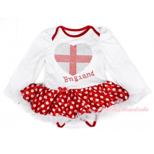 World Cup White Long Sleeve Baby Bodysuit Jumpsuit Minnie Dots White Pettiskirt With Sparkle Crystal Bling Rhinestone England Heart Print JS3424