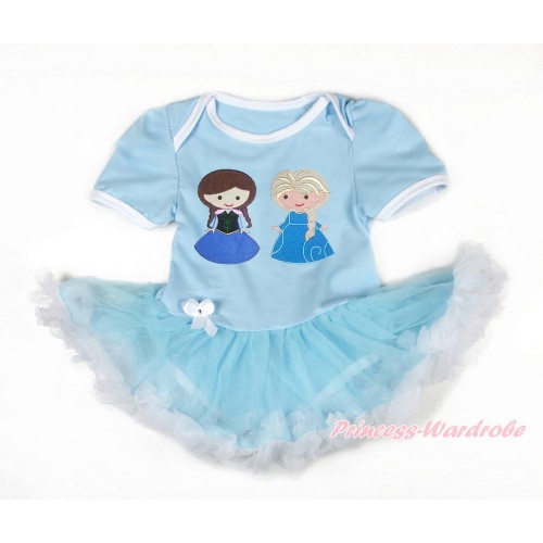 Light Blue Baby Bodysuit Jumpsuit Light Blue White Pettiskirt with Princess Anna & Princess Elsa Print JS3430