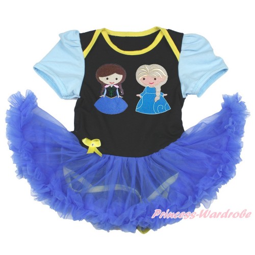 Light Blue Sleeve Black Baby Bodysuit Jumpsuit Royal Blue Pettiskirt with Princess Anna & Princess Elsa Print JS3431