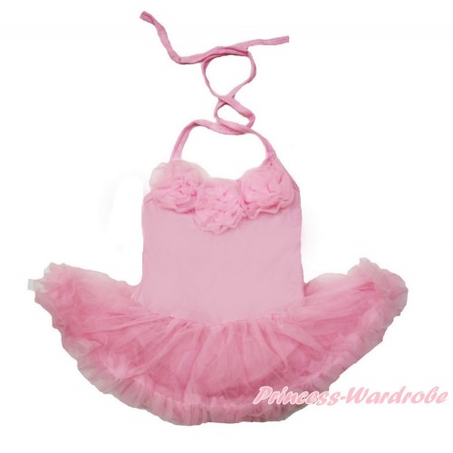 Light Pink Baby Halter Jumpsuit Light Pink Pettiskirt With Light Pink Rosettes JS3441