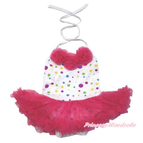 White Rainbow Dots Baby Halter Jumpsuit Hot Pink Pettiskirt With Hot Pink Rosettes JS3442