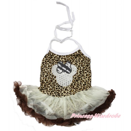 Leopard Baby Halter Jumpsuit Cream White Brown Pettiskirt With Sparkle White Minnie Print JS3443