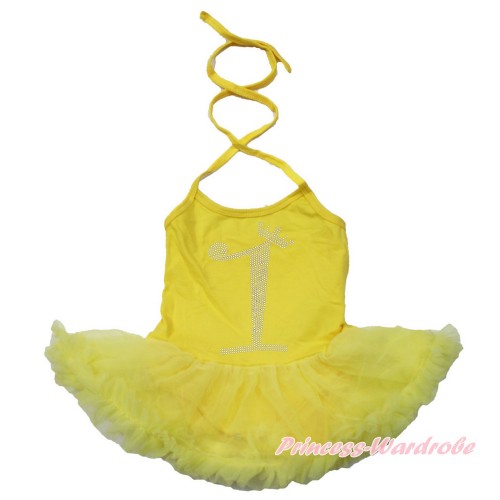 Yellow Baby Halter Jumpsuit Yellow Pettiskirt With 1st Sparkle Crystal Bling Rhinestone Birthday Number Print JS3450