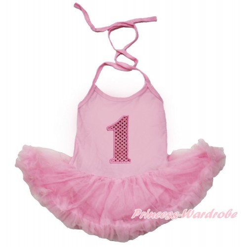 Light Pink Baby Halter Jumpsuit Light Pink Pettiskirt With 1st Sparkle Light Pink Birthday Number Print JS3451