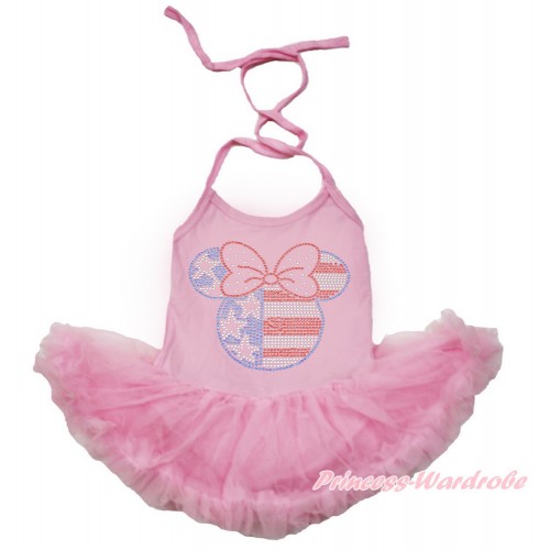 American's Birthday Light Pink Baby Halter Jumpsuit Light Pink Pettiskirt With Sparkle Crystal Bling Rhinestone 4th July Minnie Print JS3454