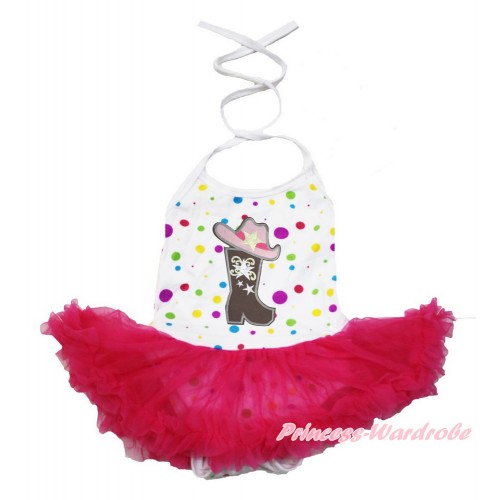 White Rainbow Dots Baby Halter Jumpsuit Hot Pink Pettiskirt With Cowgirl Hat Boot Print JS3457
