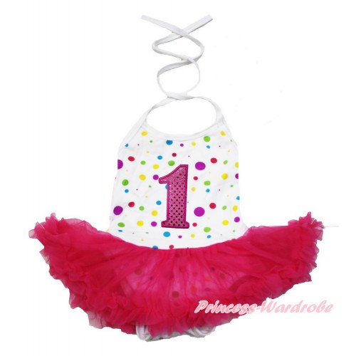 White Rainbow Dots Baby Halter Jumpsuit Hot Pink Pettiskirt With 1st Sparkle Hot Pink Birthday Number Print JS3458