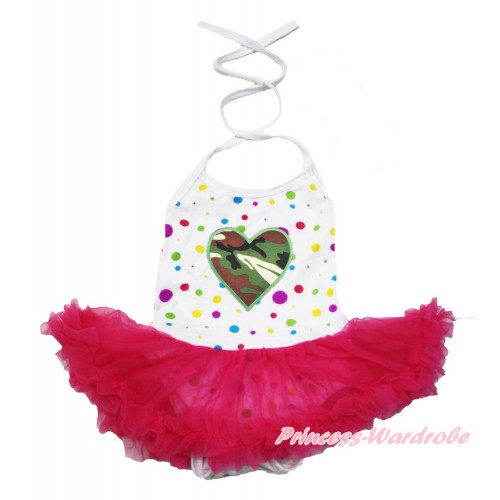 Valentine's Day White Rainbow Dots Baby Halter Jumpsuit Hot Pink Pettiskirt With Camouflage Heart Print JS3459