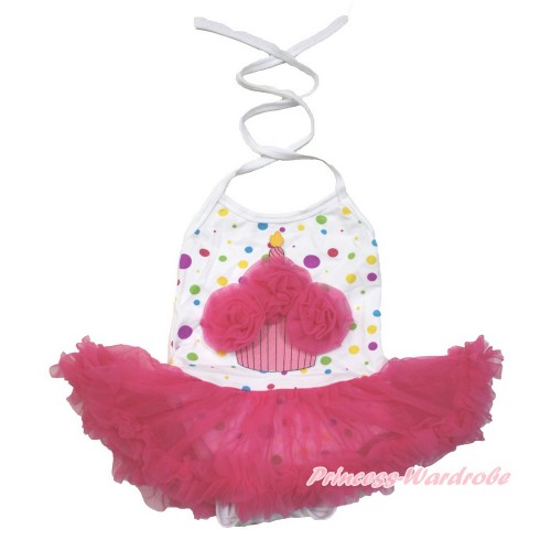 White Rainbow Dots Baby Halter Jumpsuit Hot Pink Pettiskirt With Hot Pink Rosettes Birthday Cake Print JS3462