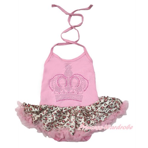 Light Pink Baby Halter Jumpsuit Light Pink Leopard Pettiskirt With Sparkle Crystal Bling Rhinestone Crown Print JS3465