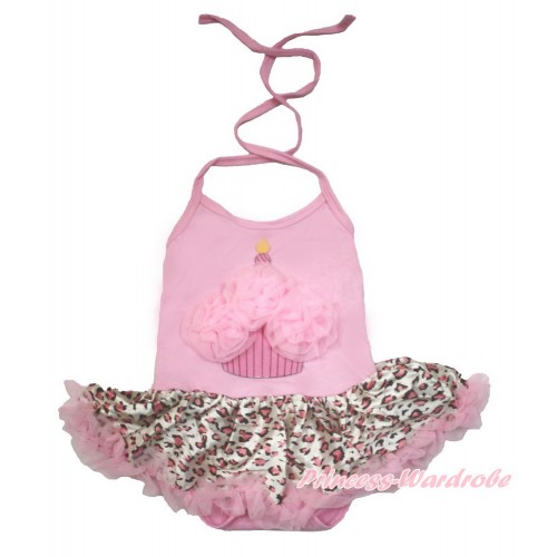Light Pink Baby Halter Jumpsuit Light Pink Leopard Pettiskirt With Light Pink Rosettes Birthday Cake Print JS3468