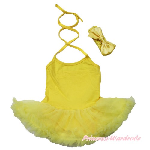 Yellow Baby Halter Jumpsuit Yellow Pettiskirt With Yellow Headband Yellow Satin Bow JS3470