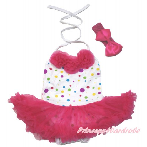 White Rainbow Dots Baby Halter Jumpsuit Hot Pink Pettiskirt With Hot Pink Rosettes With Hot Pink Headband Hot Pink Silk Bow JS3477