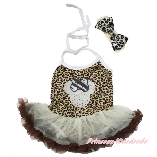 Leopard Baby Halter Jumpsuit Cream White Brown Pettiskirt With Sparkle White Minnie Print With Cream White Headband Leopard Satin Bow JS3478