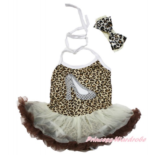 Leopard Baby Halter Jumpsuit Cream White Brown Pettiskirt With Sparkle White High Heel Shoes Print With Cream White Headband Leopard Satin Bow JS3479