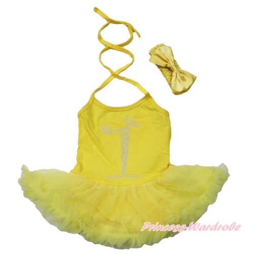 Yellow Baby Halter Jumpsuit Yellow Pettiskirt With 1st Sparkle Crystal Bling Rhinestone Birthday Number Print With Yellow Headband Yellow Satin Bow JS3485