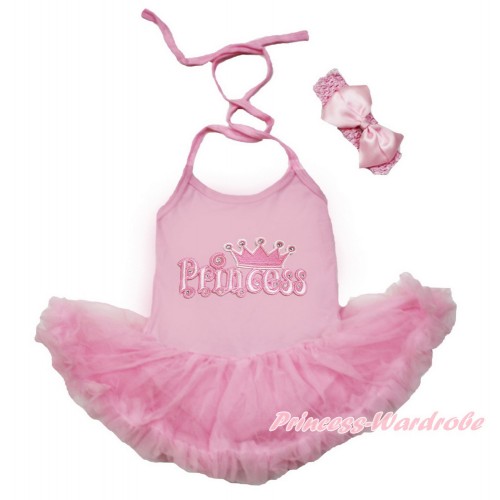 Light Pink Baby Halter Jumpsuit Light Pink Pettiskirt With Princess Print With Light Pink Headband Light Pink Silk Bow JS3487
