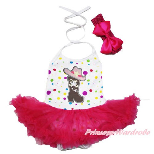 White Rainbow Dots Baby Halter Jumpsuit Hot Pink Pettiskirt With Cowgirl Hat Boot Print With Hot Pink Headband Hot Pink Silk Bow JS3492