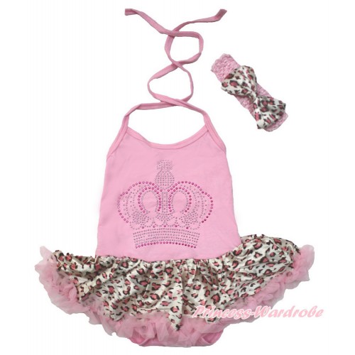 Light Pink Baby Halter Jumpsuit Light Pink Leopard Pettiskirt With Sparkle Crystal Bling Rhinestone Crown Print With Light Pink Headband Light Pink Leopard Satin Bow JS3500