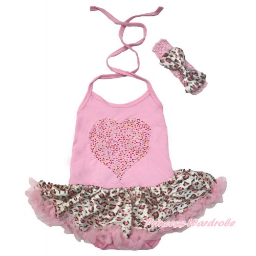 Valentine's Day Light Pink Baby Halter Jumpsuit Light Pink Leopard Pettiskirt With Sparkle Crystal Bling Rhinestone Rainbow Heart Print With Light Pink Headband Light Pink Leopard Satin Bow JS3501
