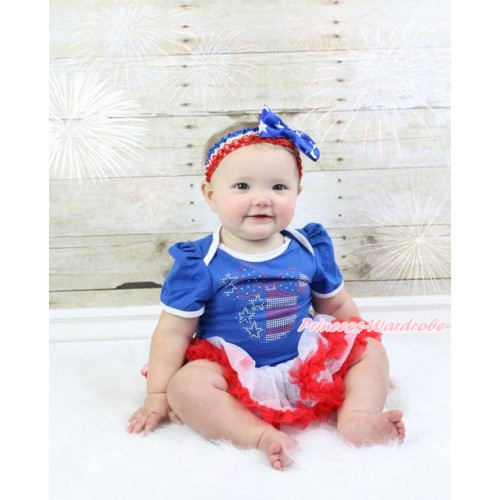 American's Birthday Royal Blue Baby Bodysuit Jumpsuit White Red Pettiskirt with Sparkle Crystal Bling Rhinestone 4th July Minnie Print JS3506