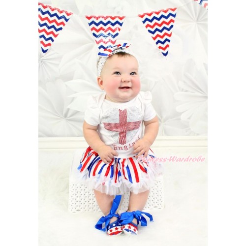 White Baby Bodysuit Jumpsuit Red White Royal Blue Striped Pettiskirt With Sparkle Crystal Bling Rhinestone England Heart Print With White Headband Red White Royal Blue Striped Satin Bow With Royal Blue Ribbon Red White Blue Striped Stars Shoes JS3509