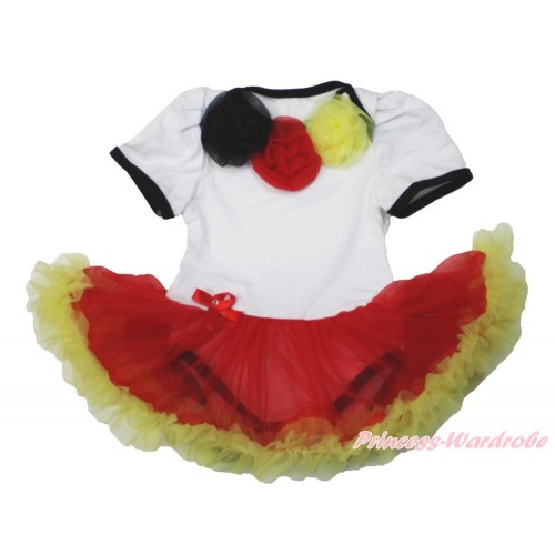 World Cup Germany White Baby Bodysuit Jumpsuit Red Yellow Pettiskirt with Black Red Yellow Rosettes JS3515