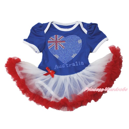 World Cup Royal Blue Baby Bodysuit Jumpsuit White Red Pettiskirt with Sparkle Crystal Bling Rhinestone Australia Heart Print JS3518