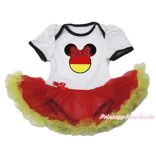 World Cup Germany White Baby Bodysuit Jumpsuit Red Yellow Pettiskirt with Sparkle Red Bow Germany Minnie Print JS3524