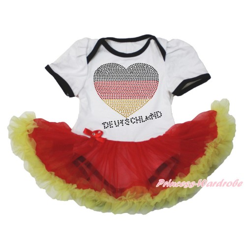 World Cup Germany White Baby Bodysuit Jumpsuit Red Yellow Pettiskirt with Sparkle Crystal Bling Rhinestone Germany Heart Print JS3525