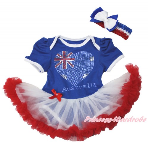 World Cup Royal Blue Baby Bodysuit Jumpsuit White Red Pettiskirt With Sparkle Crystal Bling Rhinestone Australia Heart Print With Red White Royal Blue Headband White Royal Blue Ribbon Bow JS3547
