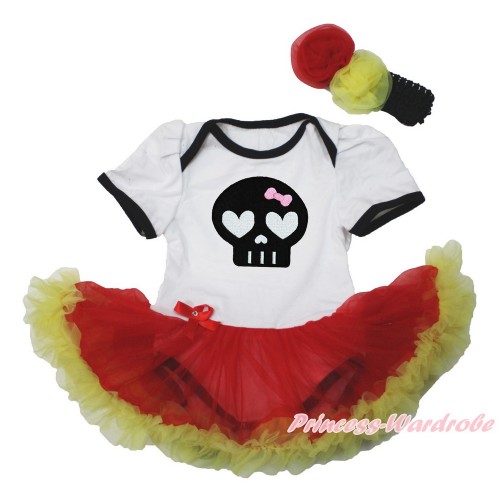 Halloween White Baby Bodysuit Jumpsuit Red Yellow Pettiskirt with Black Skeleton Print With Black Headband Red Yellow Rose JS3558