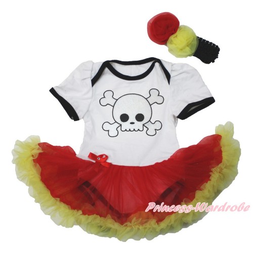 Halloween White Baby Bodysuit Jumpsuit Red Yellow Pettiskirt with White Skeleton Print With Black Headband Red Yellow Rose JS3559