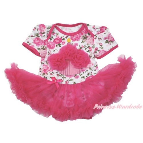 Rose Fusion Baby Bodysuit Jumpsuit Hot Pink Pettiskirt with Hot Pink Rosettes Birthday Cake Print JS3592