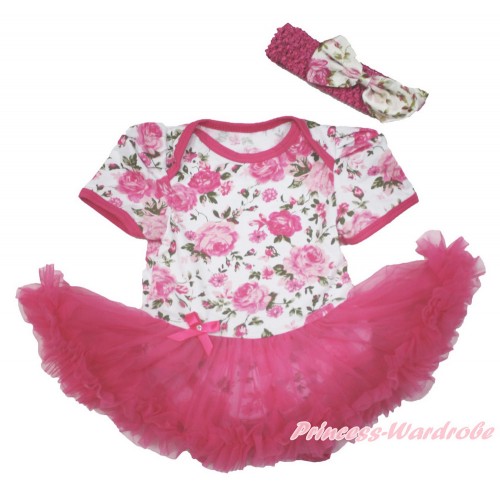 Rose Fusion Baby Bodysuit Jumpsuit Hot Pink Pettiskirt With Hot Pink Headband Light Pink Rose Fusion Satin Bow JS3615