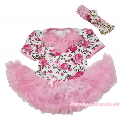Rose Fusion Baby Jumpsuit Light Pink Pettiskirt With Light Pink Rosettes With Light Pink Headband Light Pink Rose Fusion Satin Bow JS3618