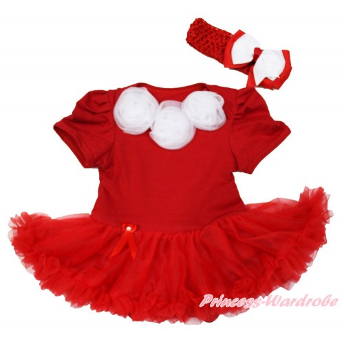 Red Baby Jumpsuit Red Pettiskirt With White Rosettes With Red Headband White Red Ribbon Bow JS3622