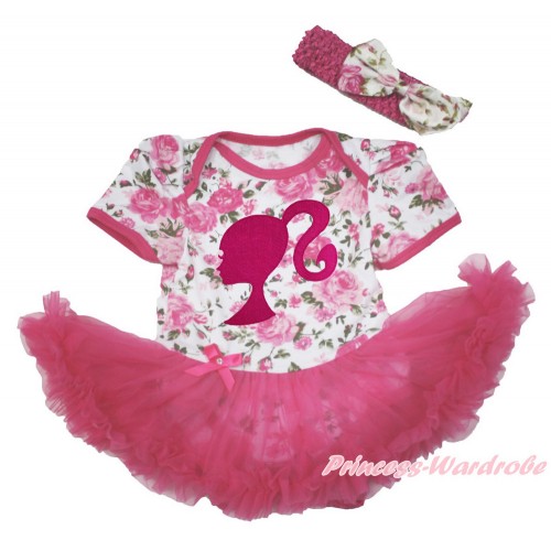 Rose Fusion Baby Bodysuit Jumpsuit Hot Pink Pettiskirt With Hot Pink Barbie Princess Print With Hot Pink Headband Light Pink Rose Fusion Satin Bow JS3633