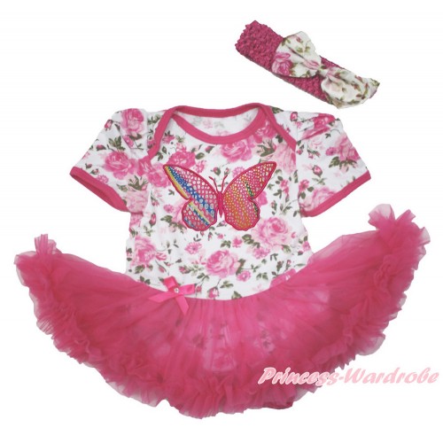Rose Fusion Baby Bodysuit Jumpsuit Hot Pink Pettiskirt With Rainbow Butterfly Print With Hot Pink Headband Light Pink Rose Fusion Satin Bow JS3634