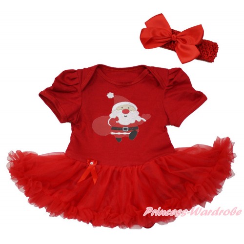 Xmas Red Baby Bodysuit Jumpsuit Red Pettiskirt With Gift Bag Santa Claus Print With Red Headband Red Silk Bow JS3650