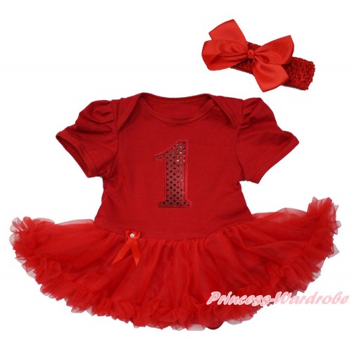 Red Baby Bodysuit Jumpsuit Red Pettiskirt With 1st Sparkle Red Birthday Number Print With Red Headband Red Silk Bow JS3654
