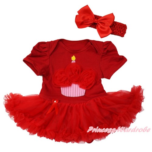 Red Baby Bodysuit Jumpsuit Red Pettiskirt With Red Rosettes Birthday Cake Print With Red Headband Red Silk Bow JS3662