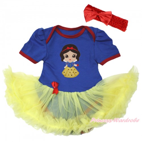Royal Blue Red Ruffles Baby Bodysuit Jumpsuit Yellow Pettiskirt With Snow White Print With Red Headband Red Satin Bow JS3679