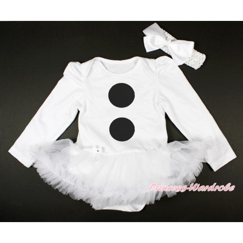White Long Sleeve Baby Bodysuit Jumpsuit White Pettiskirt With Olaf Button Print & White Headband White Silk Bow JS3683