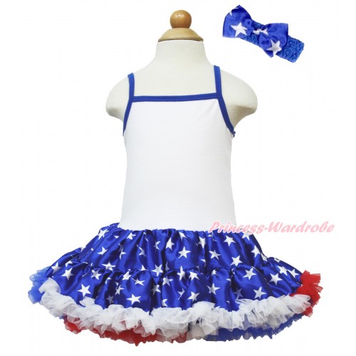 American's Birthday White Halter Patriotic American Star ONE-PIECE Dress With Royal Blue Headband Patriotic American Star Satin Bow LP53