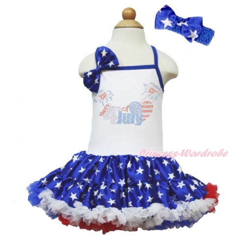 American's Birthday White Halter Patriotic American Star ONE-PIECE Dress & Patriotic American Star Satin Bow & Sparkle Crystal Bling Rhinestone 4th July Patriotic American Heart Print With Royal Blue Headband Patriotic American Star Satin Bow LP66